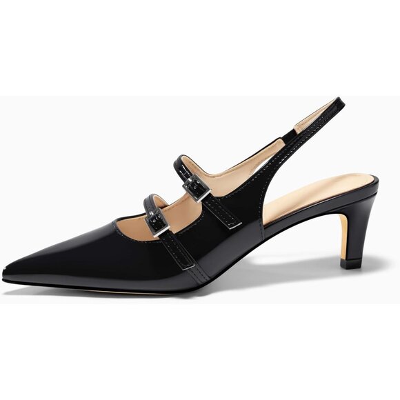 Women's Slingbak Ktiten Pumpe Closed  Pointed Toe Heels Wedding Dress Shoe Black - Picture 4 of 6